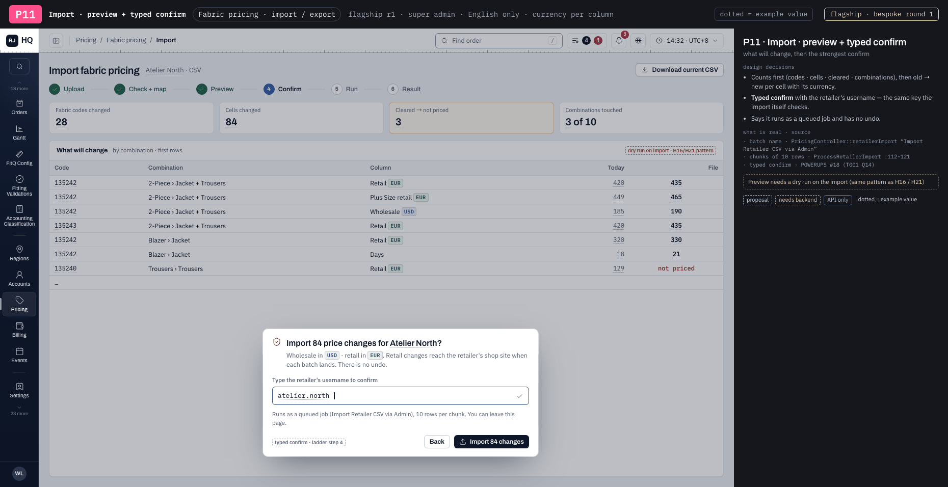 P11 · Import · preview + typed confirm
