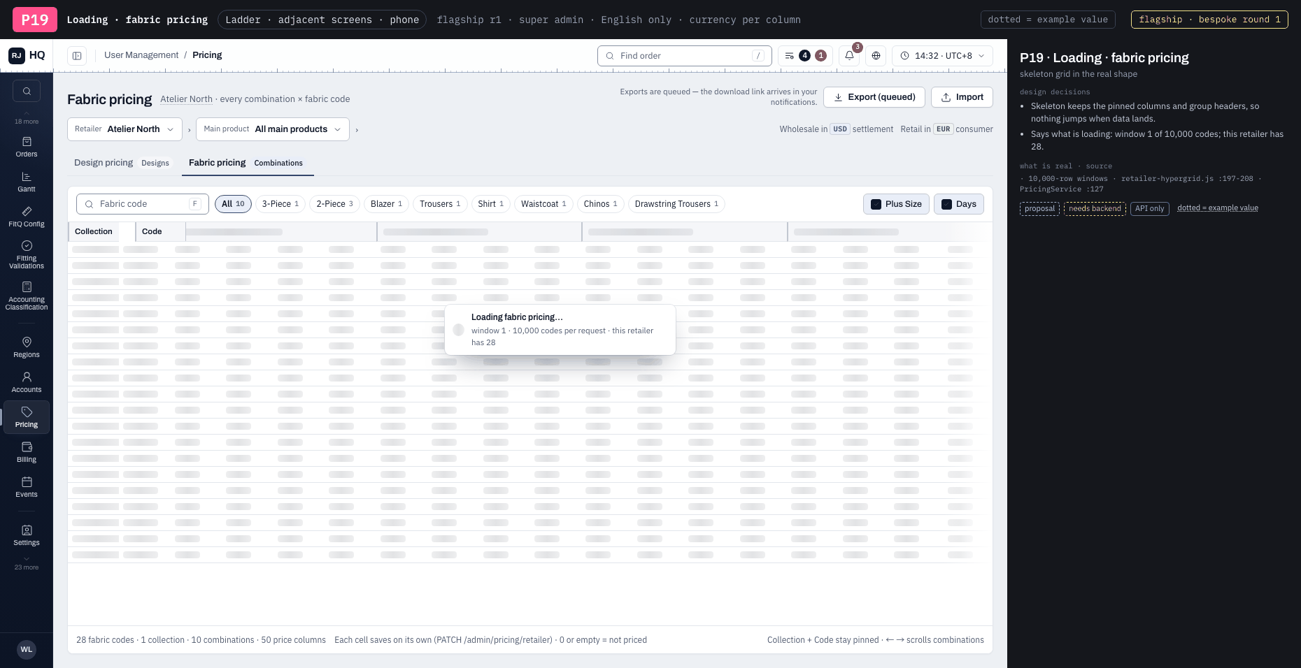 P19 · Loading · fabric pricing