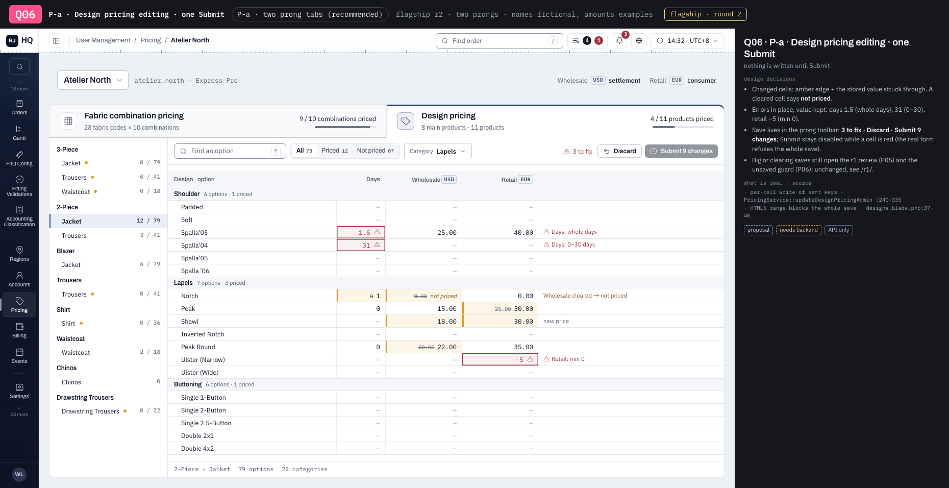 Q06 · P-a · Design pricing editing · one Submit