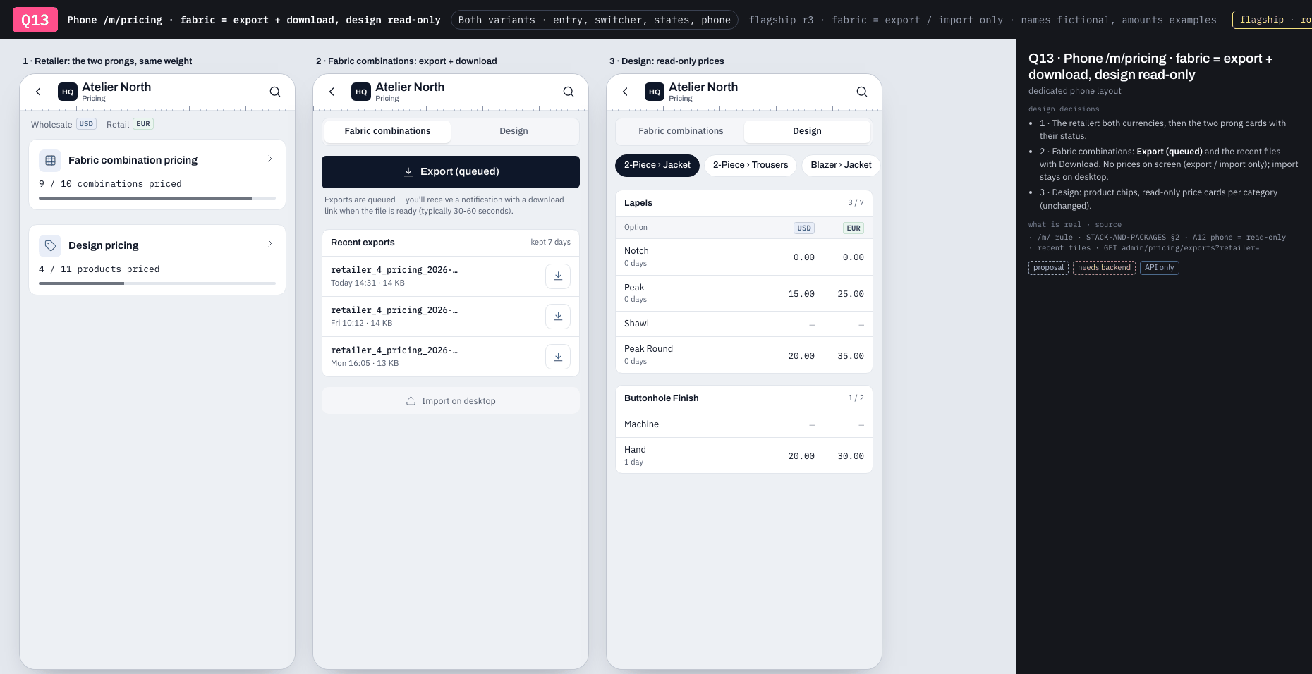 Q13 · Phone /m/pricing · fabric = export + download, design read-only